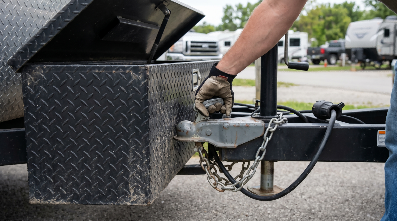 Open black trailer tongue box crowding the coupler area, showing how lid position and box placement can interfere with front-end access